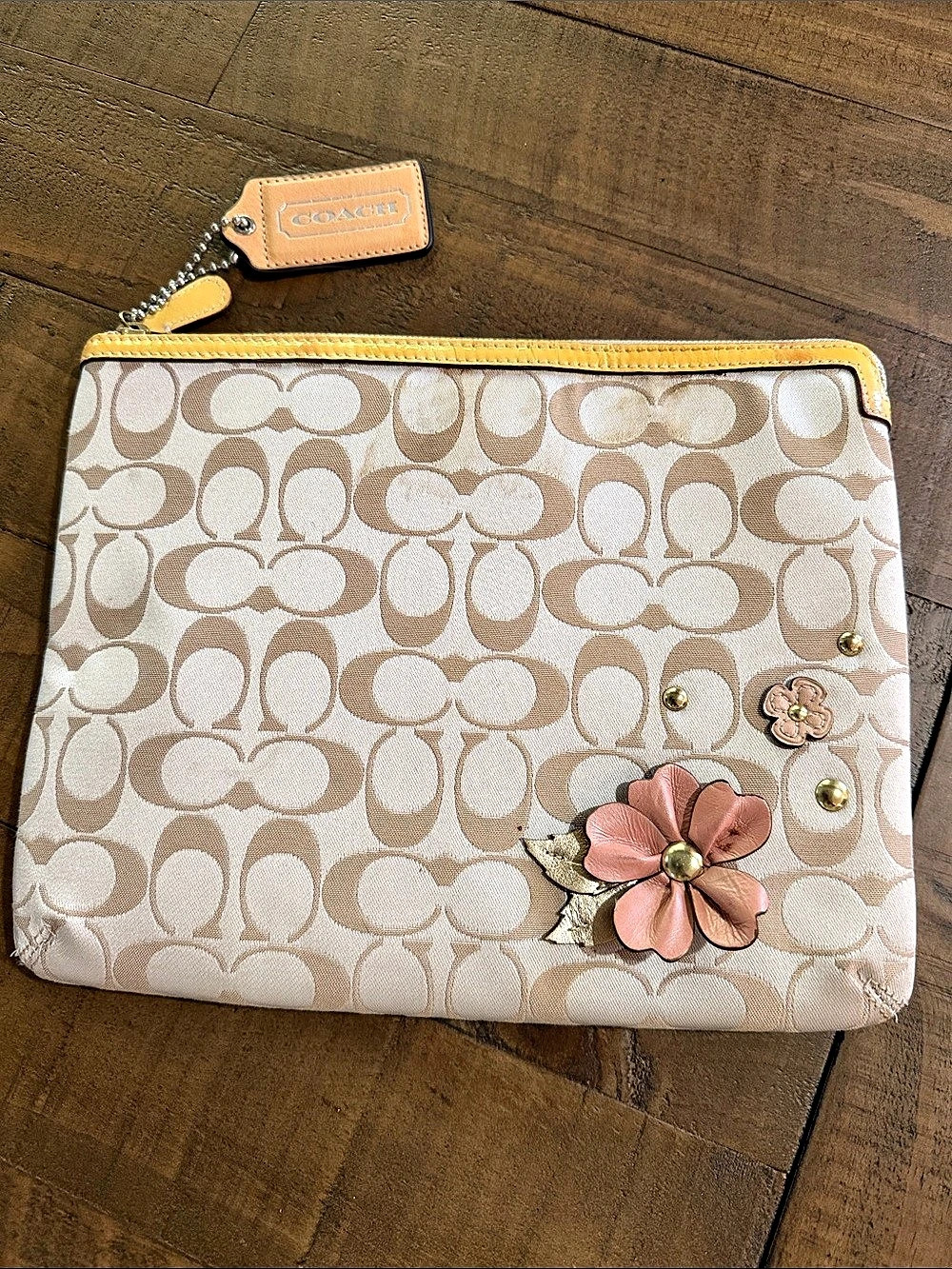 Vintage Y2K Coach Tablet or Cosmetic Case In Signature Canvas With Floral Appli